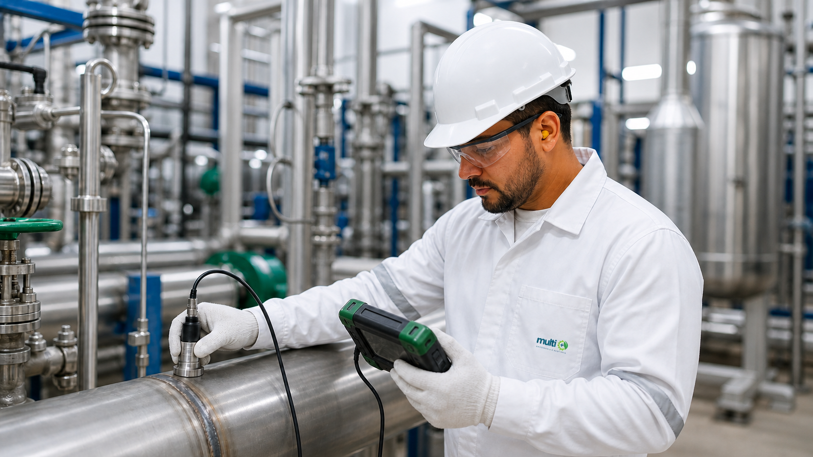 Inspetor com uniforme branco da Multiplus Engenharia realizando ensaio não destrutivo em tubulação industrial